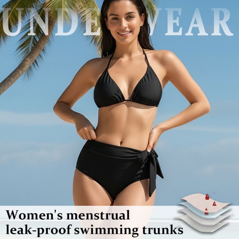 Women’s High Waist Period Swim Bottom – Side Tie Leak-Proof Menstrual Swimwear