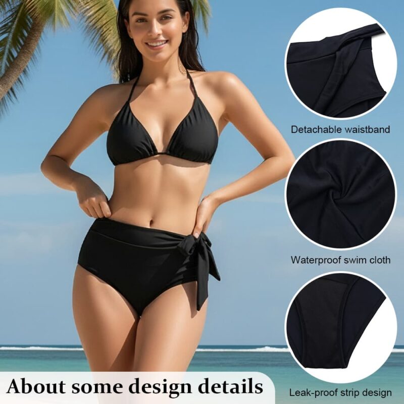 Women’s High Waist Period Swim Bottom – Side Tie Leak-Proof Menstrual Swimwear