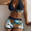 Linglu Women’s Halter Bikini Swimwear with Printed Swim Shorts