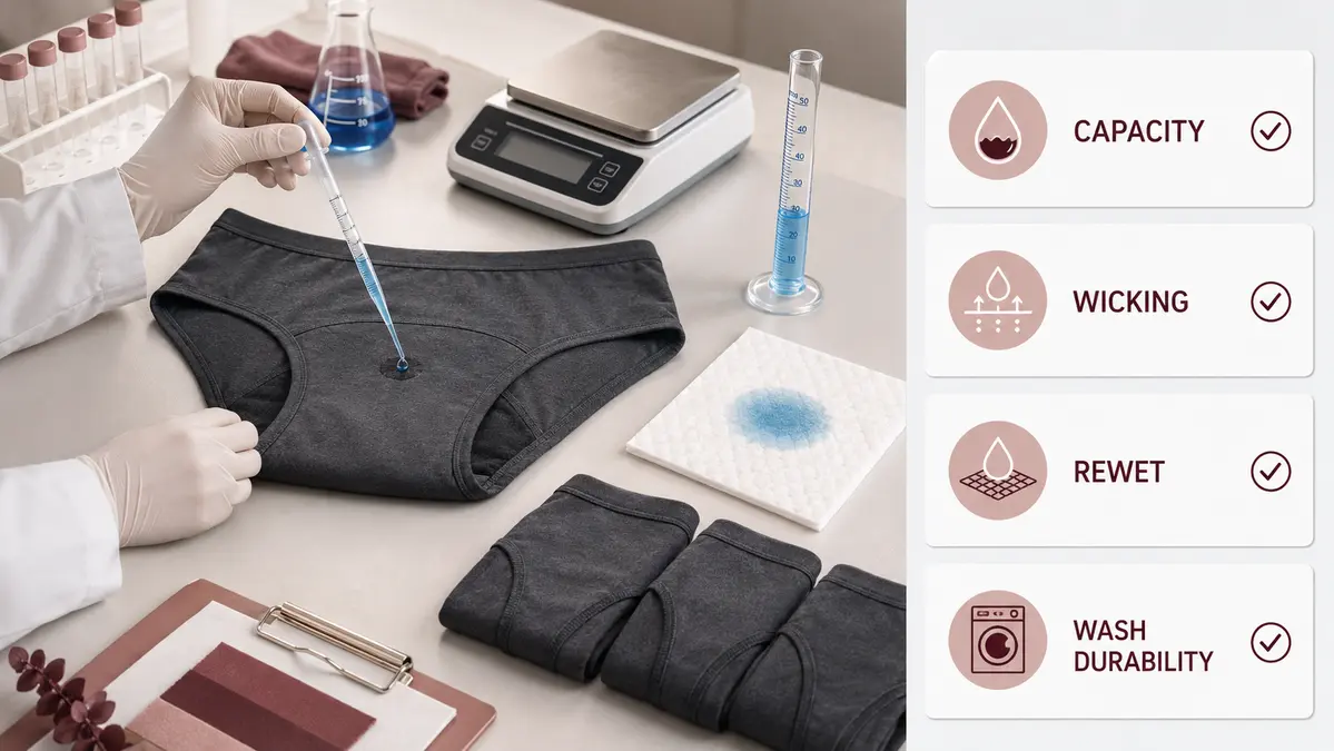 period underwear absorbency testing for capacity wicking rewet and wash durability