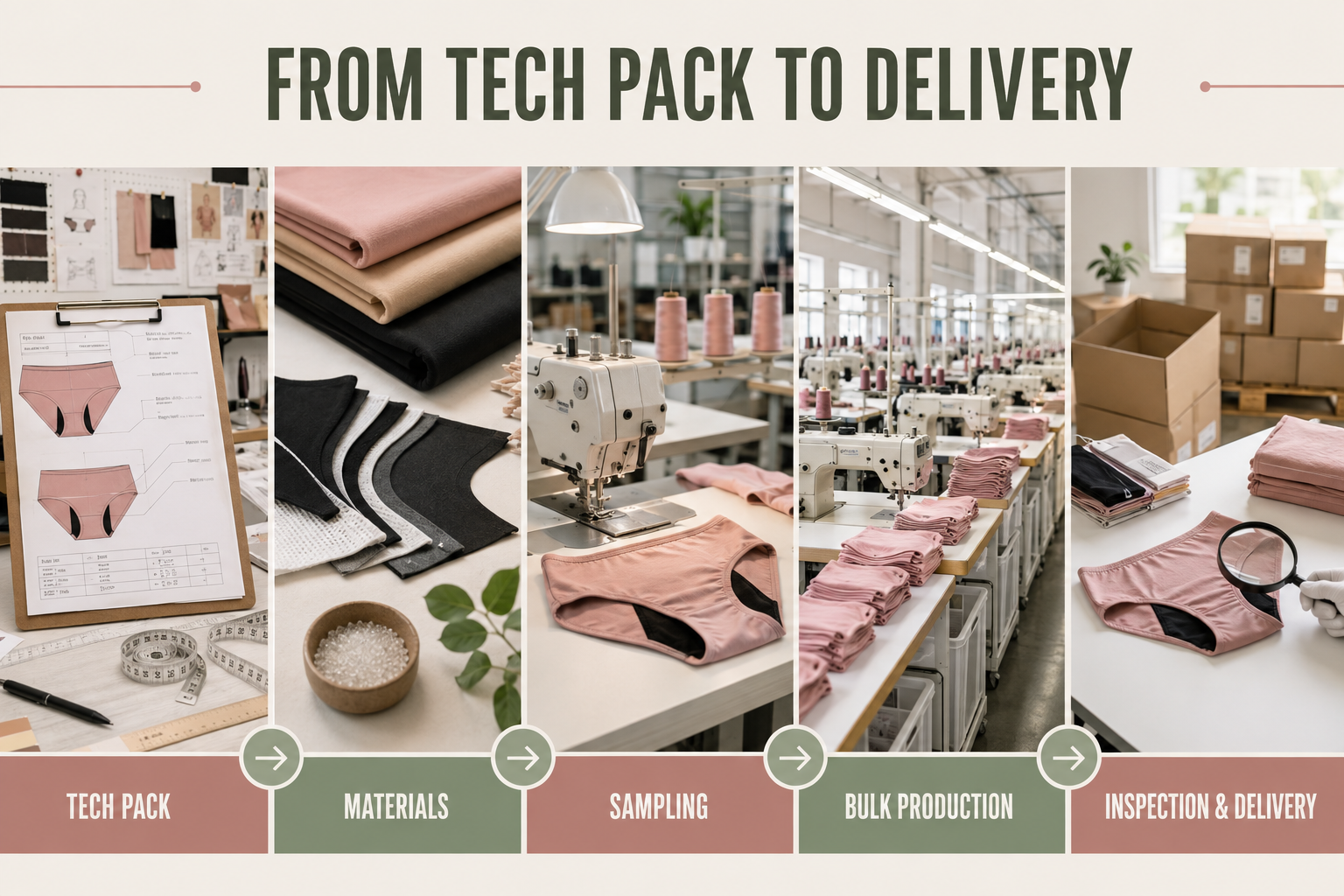 Period underwear production workflow from tech pack and materials to sampling, bulk production and delivery
