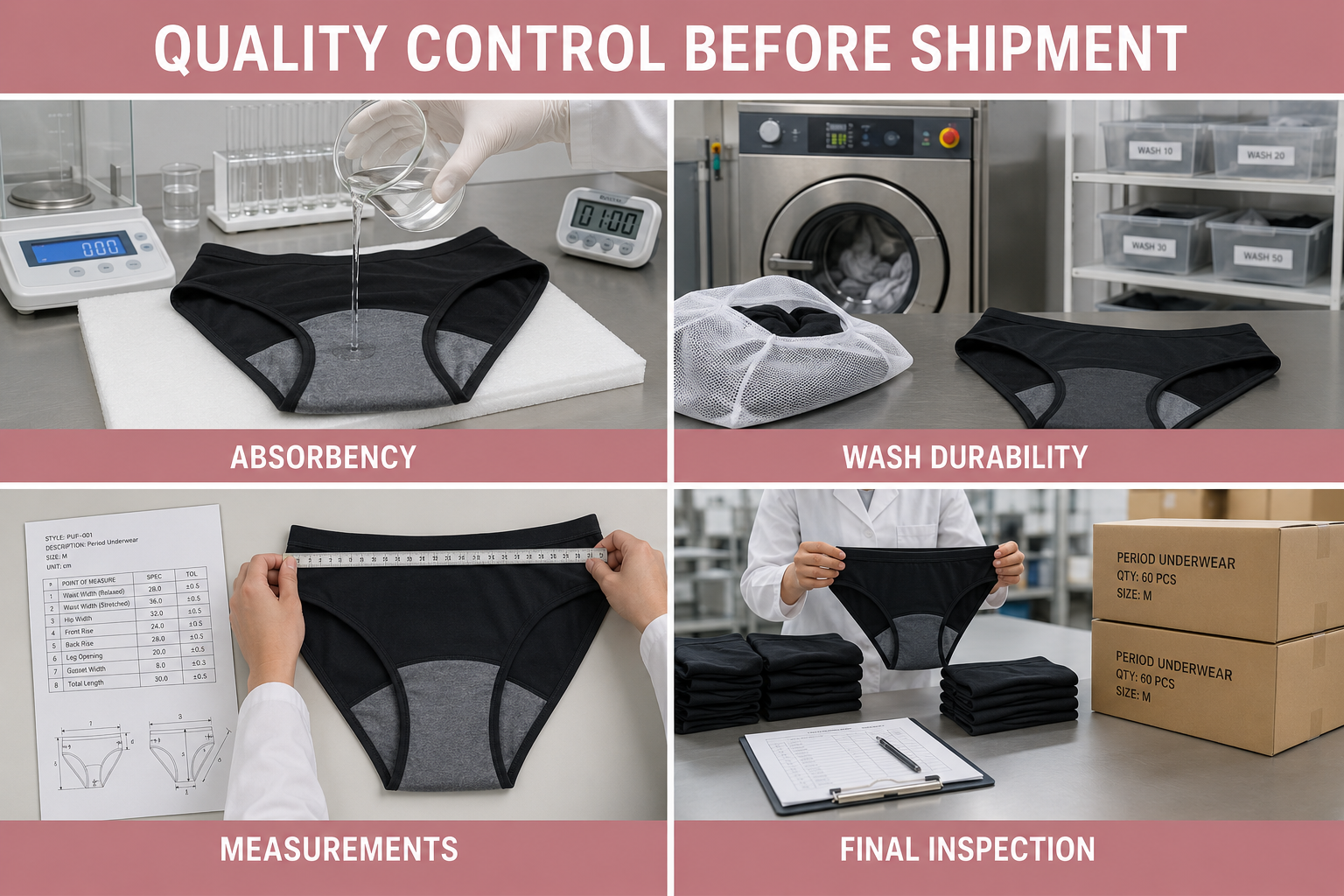 Period underwear quality control before shipment including absorbency, wash durability, measurements and final inspection
