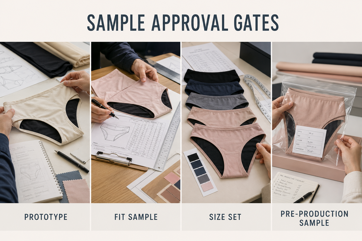 Period underwear sample approval stages from prototype and fit sample to size set and pre-production sample